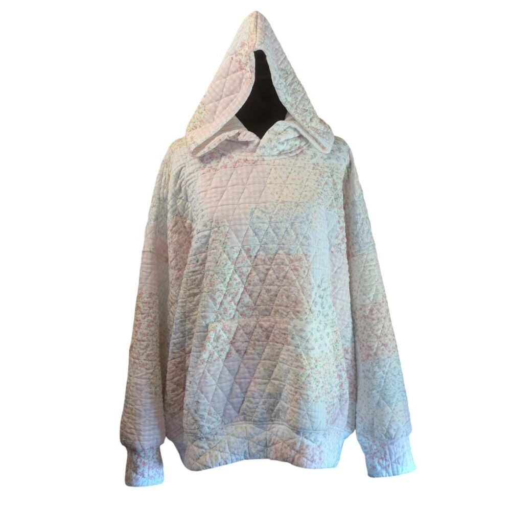 Perch by Blu Pepper Pastel Floral Quilted Patchwork Hoodie Sweatshirt, Size 1X